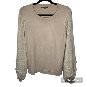 Adrianna Papell Sweater Women’s L Neutral Tan Long Floral Sheer Ruffle Sleeve